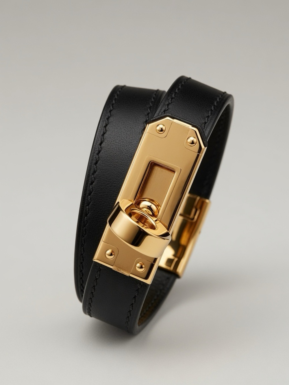 Hermes Black Leather Double-Wrap Bracelet with Gold Hardware